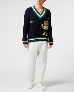 Granatowy sweter z dekoltem w serek Tennis - Image #3