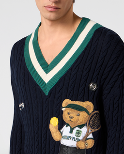 Granatowy sweter z dekoltem w serek Tennis - Image #4