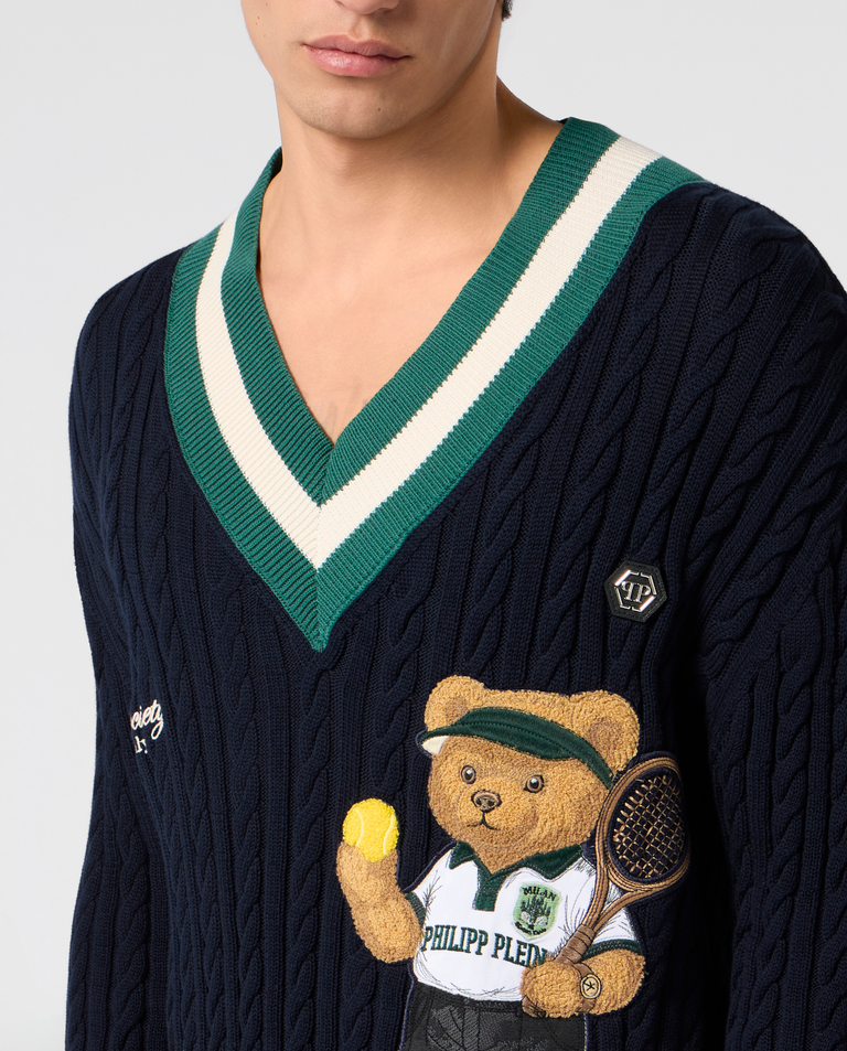 Granatowy sweter z dekoltem w serek Tennis - Image #4