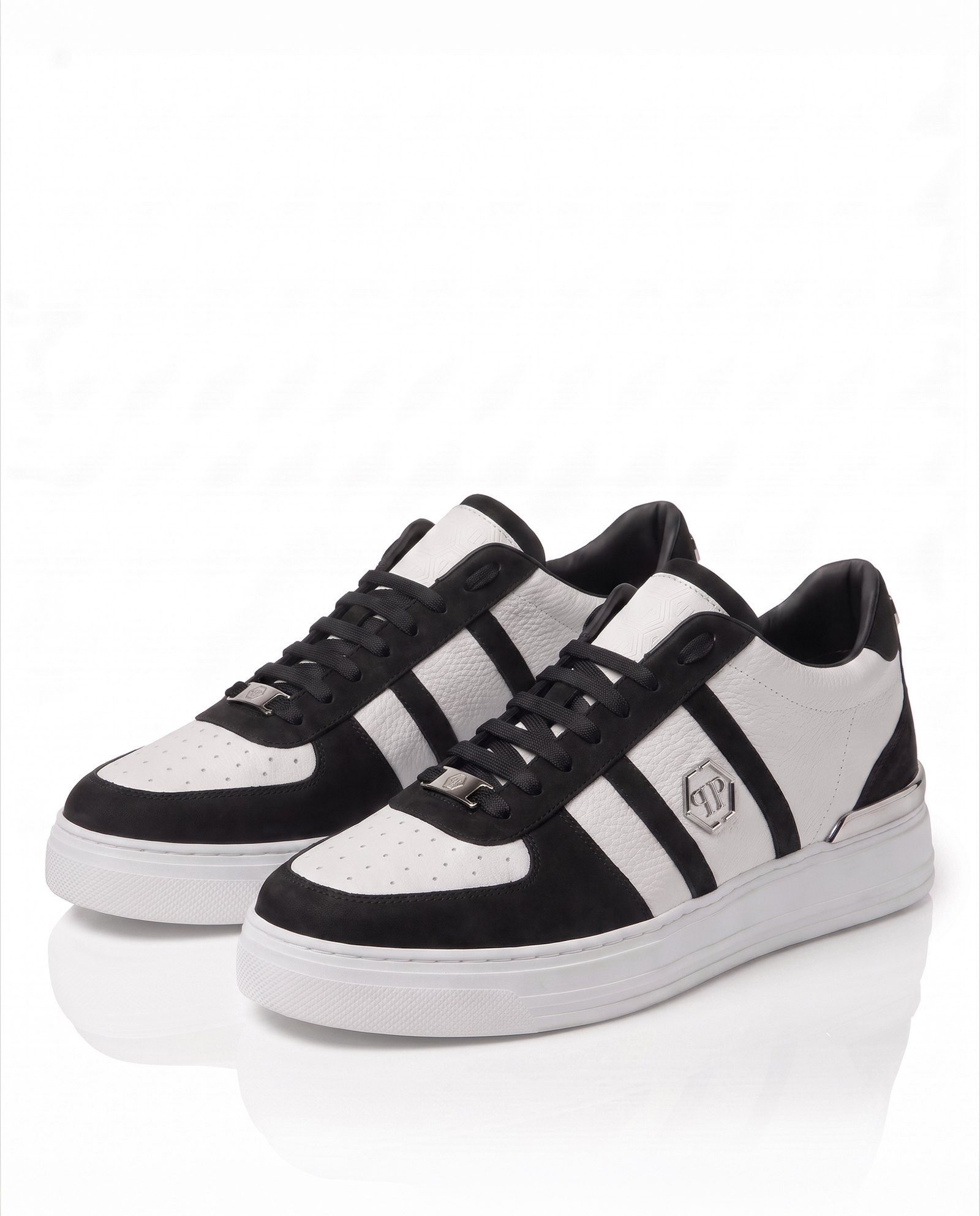 Biało-czarne sneakersy ze skóry Low-Top - Image #5