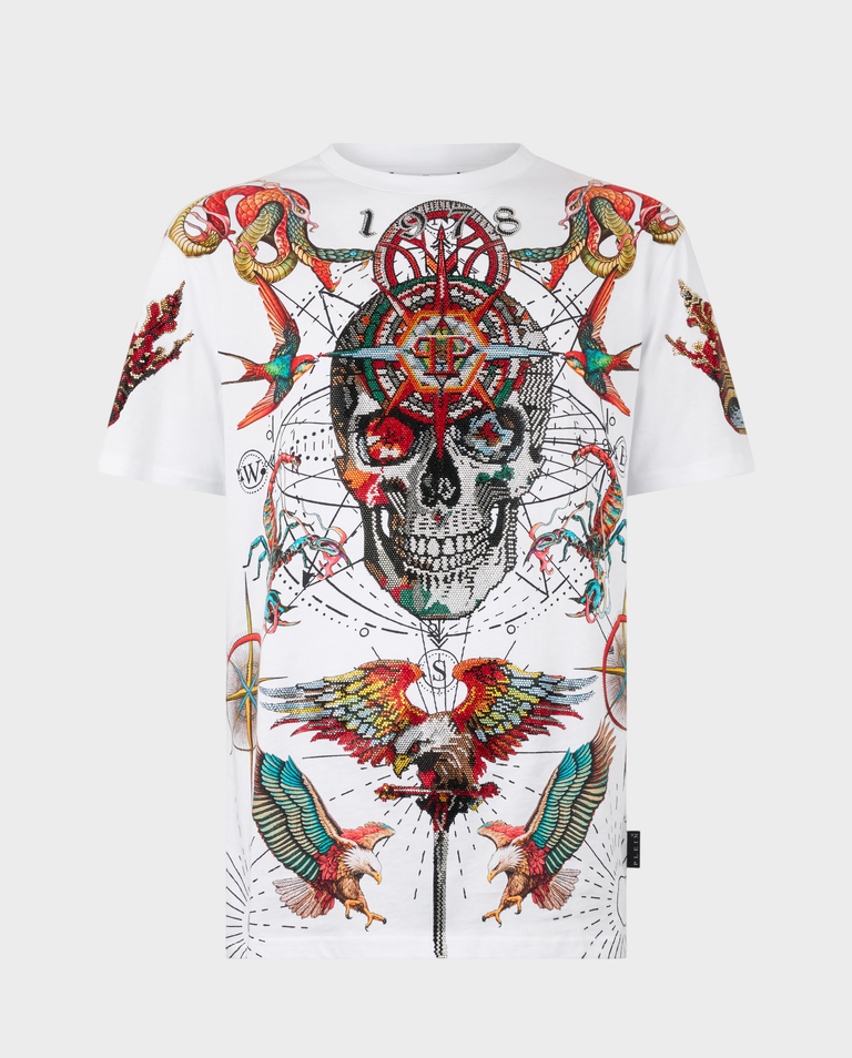 Biały t-shirt zdobiony kryształami