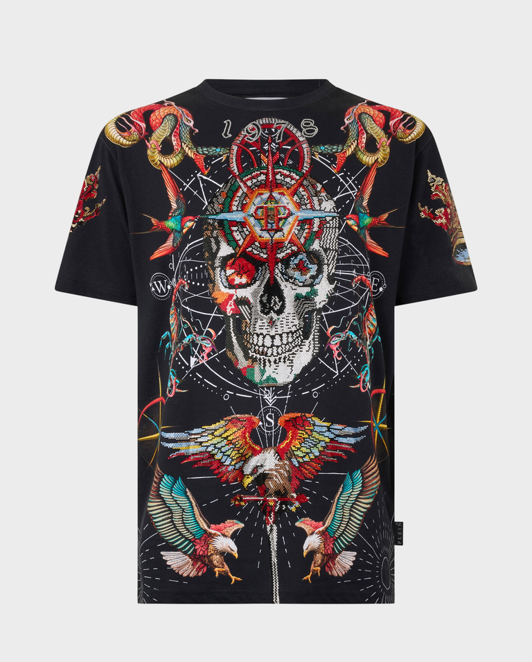 Czarny t-shirt zdobiony kryształami