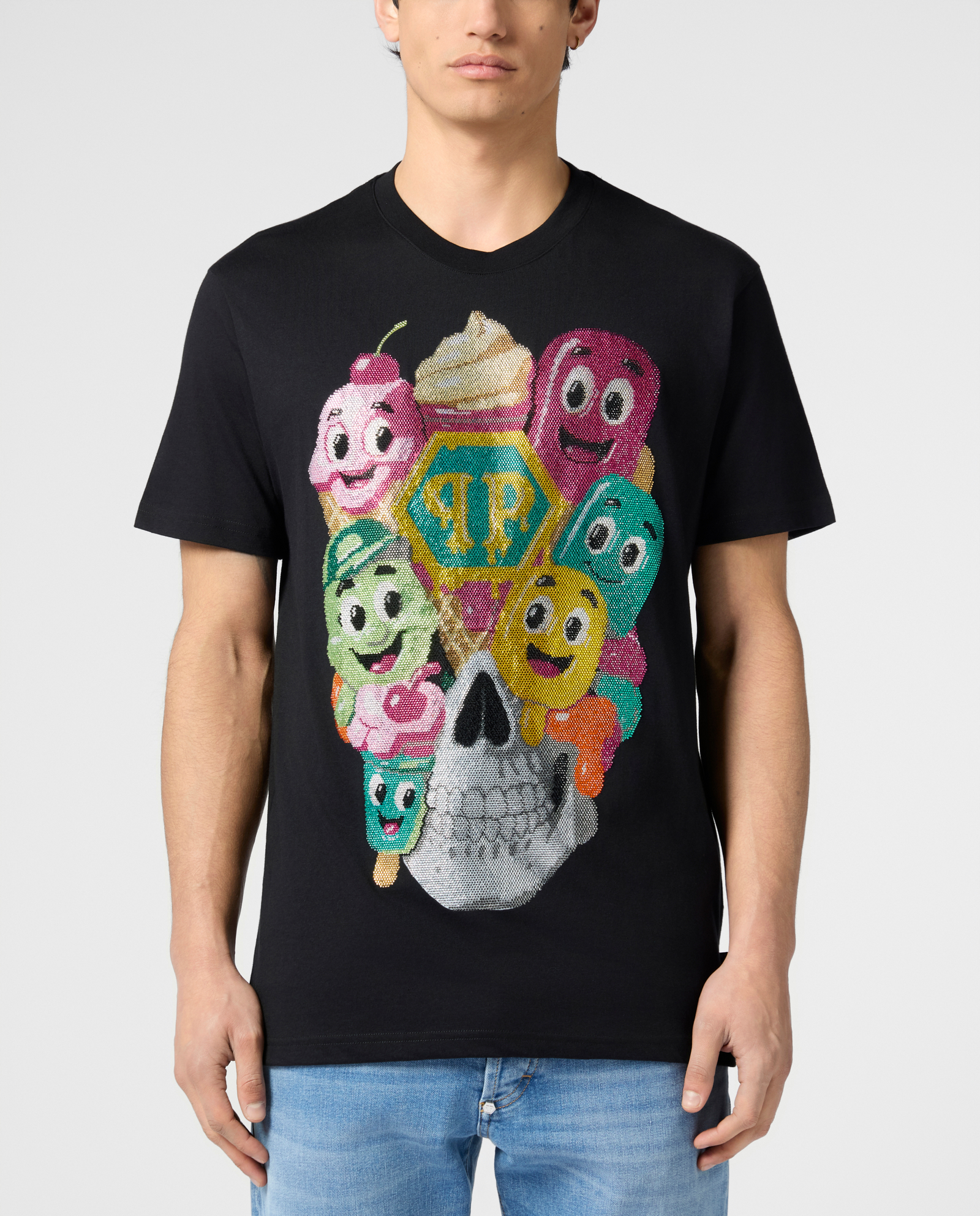 Czarny t-shirt z ozdobnym motywem lodów - Image #1