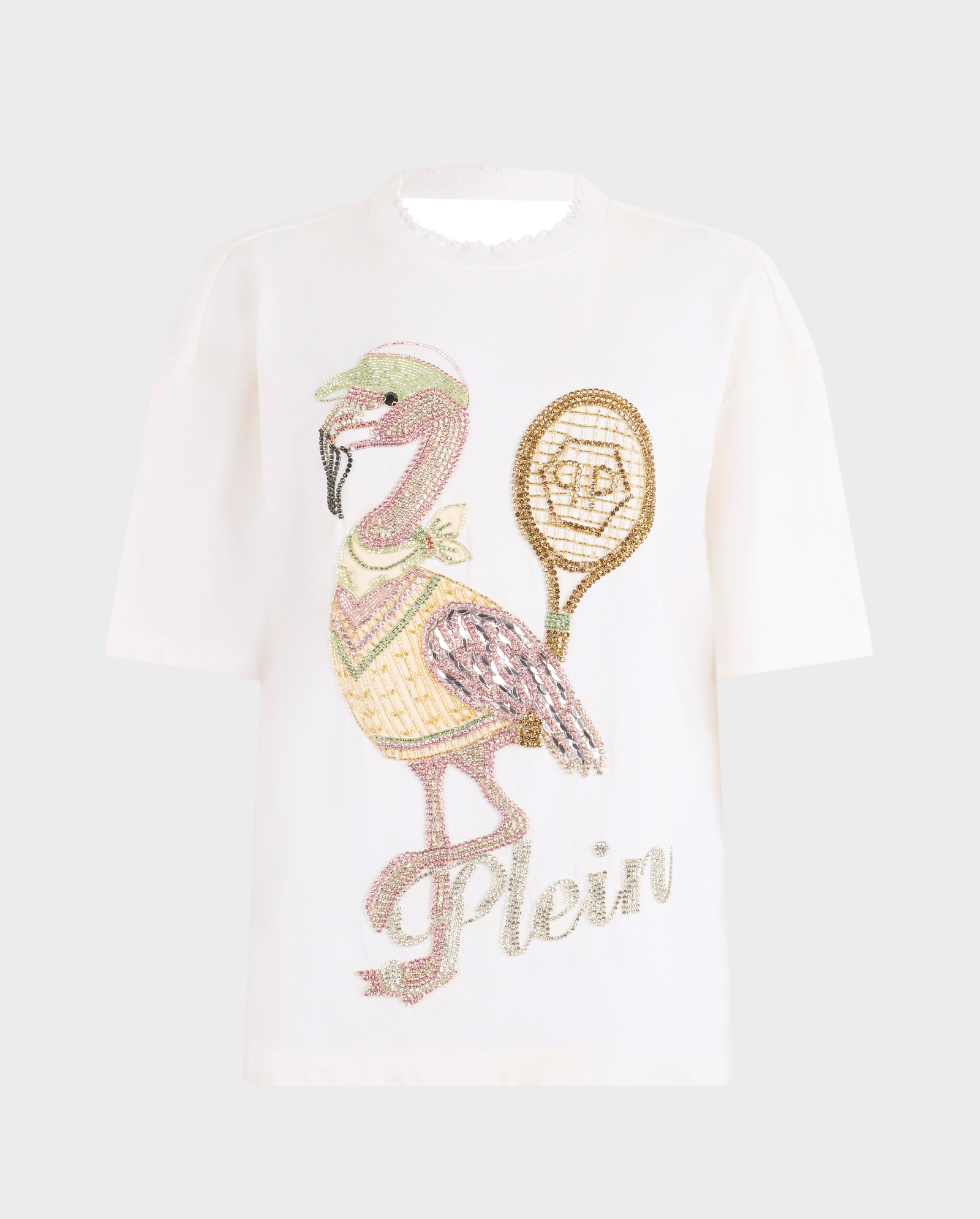 Biały t-shirt z odkrytymi plecami Flamingo Crystals - Image #0
