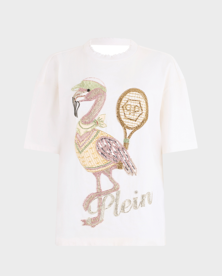Biały t-shirt z odkrytymi plecami Flamingo Crystals