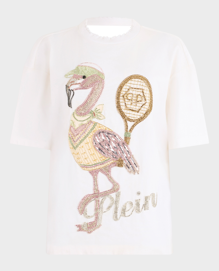 Biały t-shirt z odkrytymi plecami Flamingo Crystals