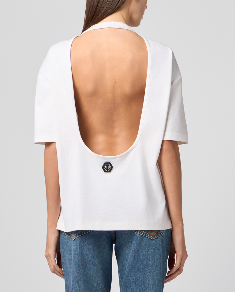 Biały t-shirt z odkrytymi plecami Flamingo Crystals - Image #2