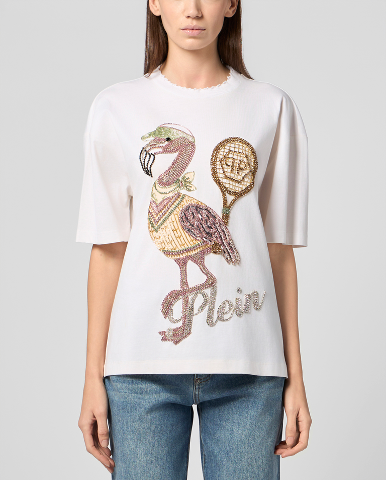 Biały t-shirt z odkrytymi plecami Flamingo Crystals