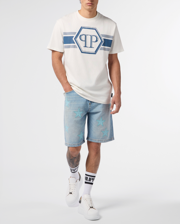 Kremowy t-shirt z kontrastowym logo - Image #3
