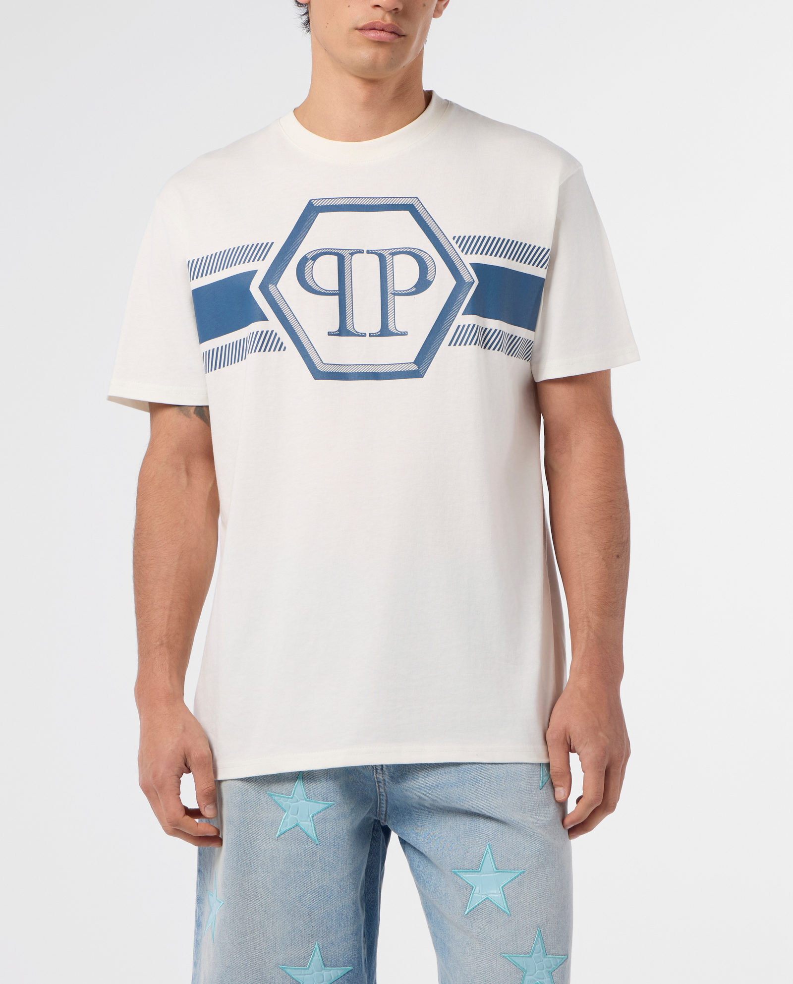 Kremowy t-shirt z kontrastowym logo - Image #1