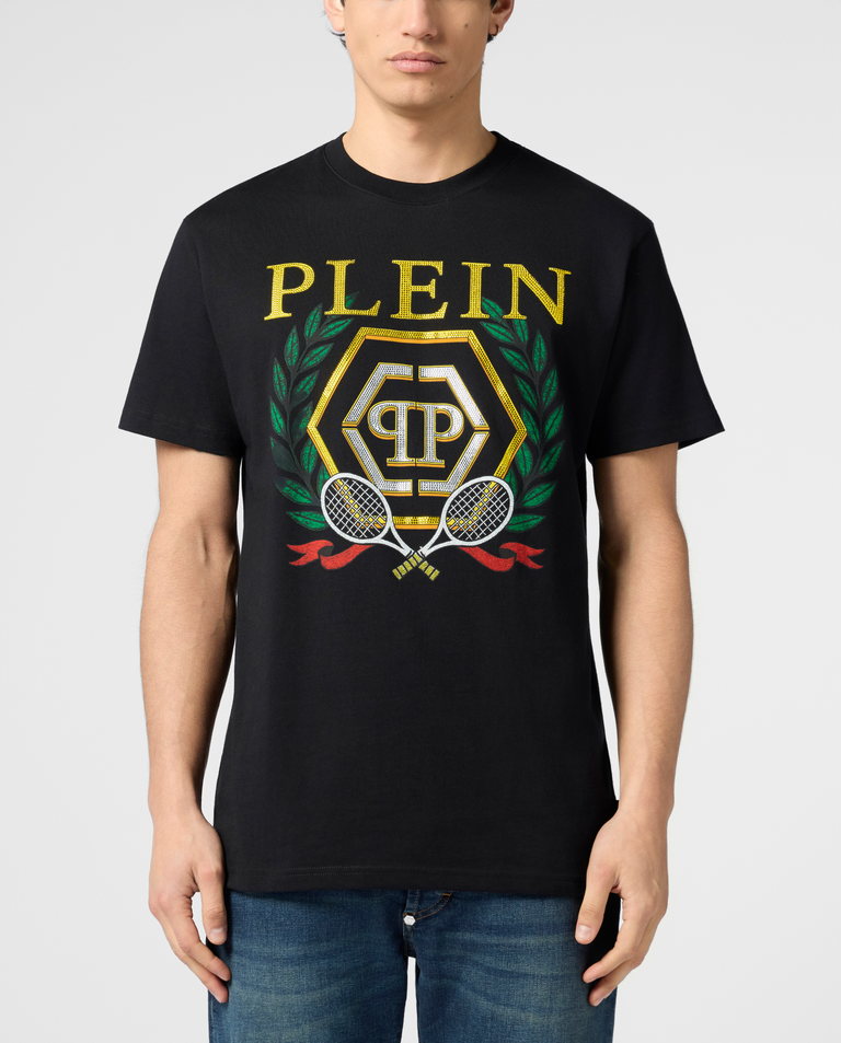 Czarny t-shirt z herbem tenisowym