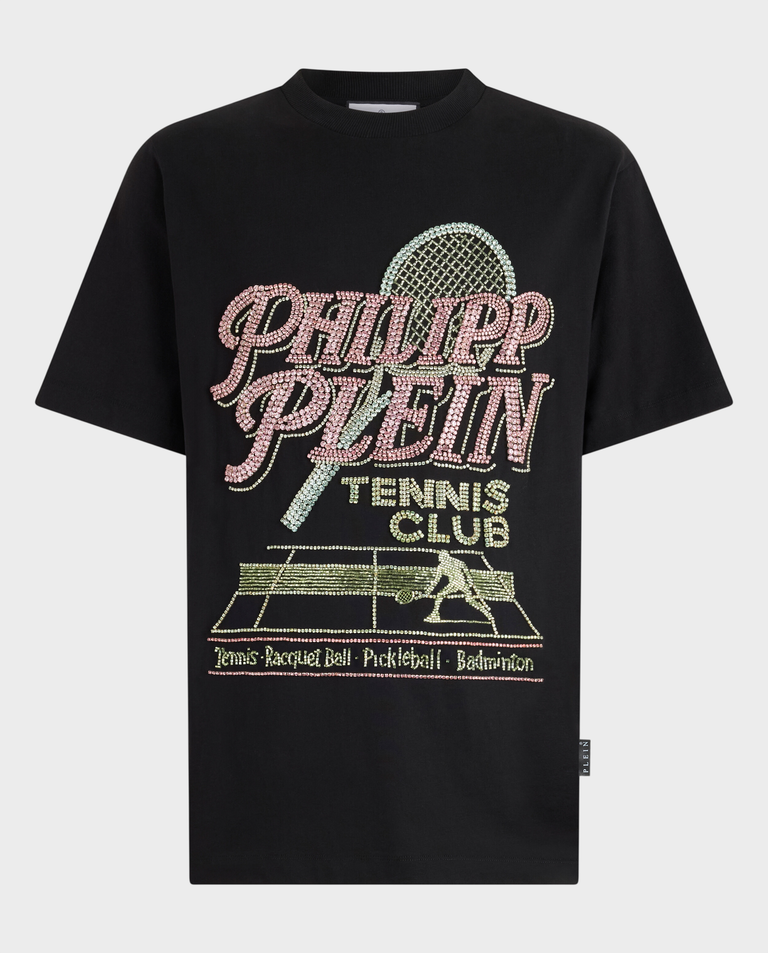 Czarny t-shirt Tennis Club Strass