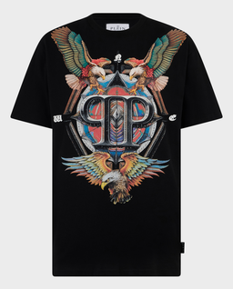 Czarny t-shirt z ozdobnym nadrukiem - Image #0