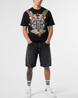 Czarny t-shirt z ozdobnym nadrukiem - Image #3