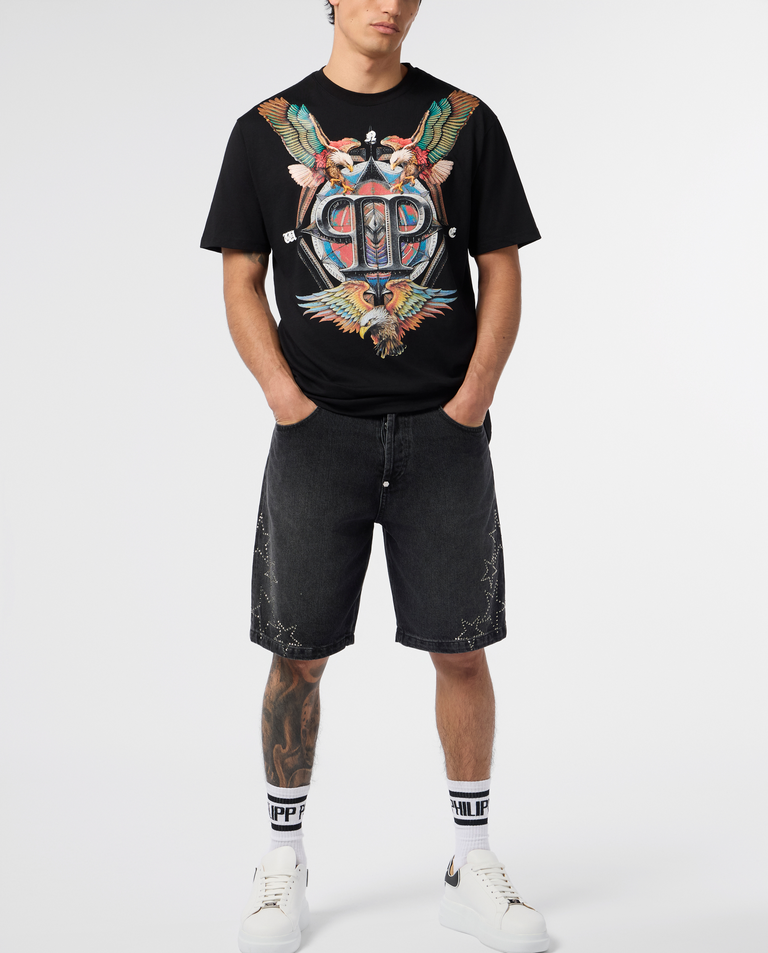 Czarny t-shirt z ozdobnym nadrukiem - Image #3