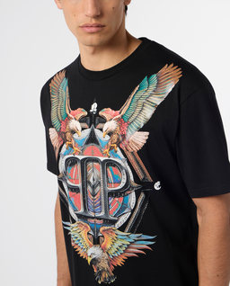 Czarny t-shirt z ozdobnym nadrukiem - Image #4