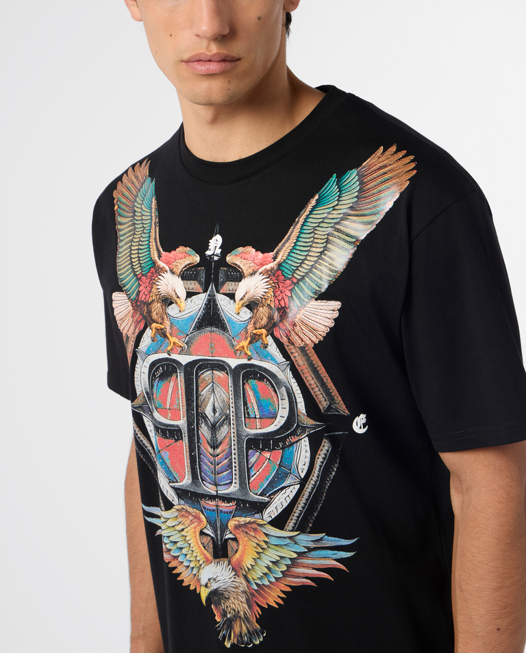 Czarny t-shirt z ozdobnym nadrukiem - Image #4