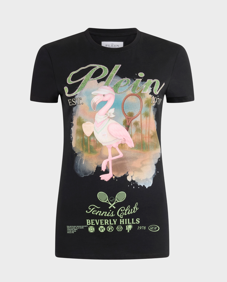 Czarny t-shirt Tennis Club Strass