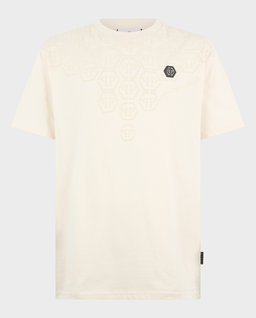 Beżowy t-shirt z ozdobnym monogramem - Image #0