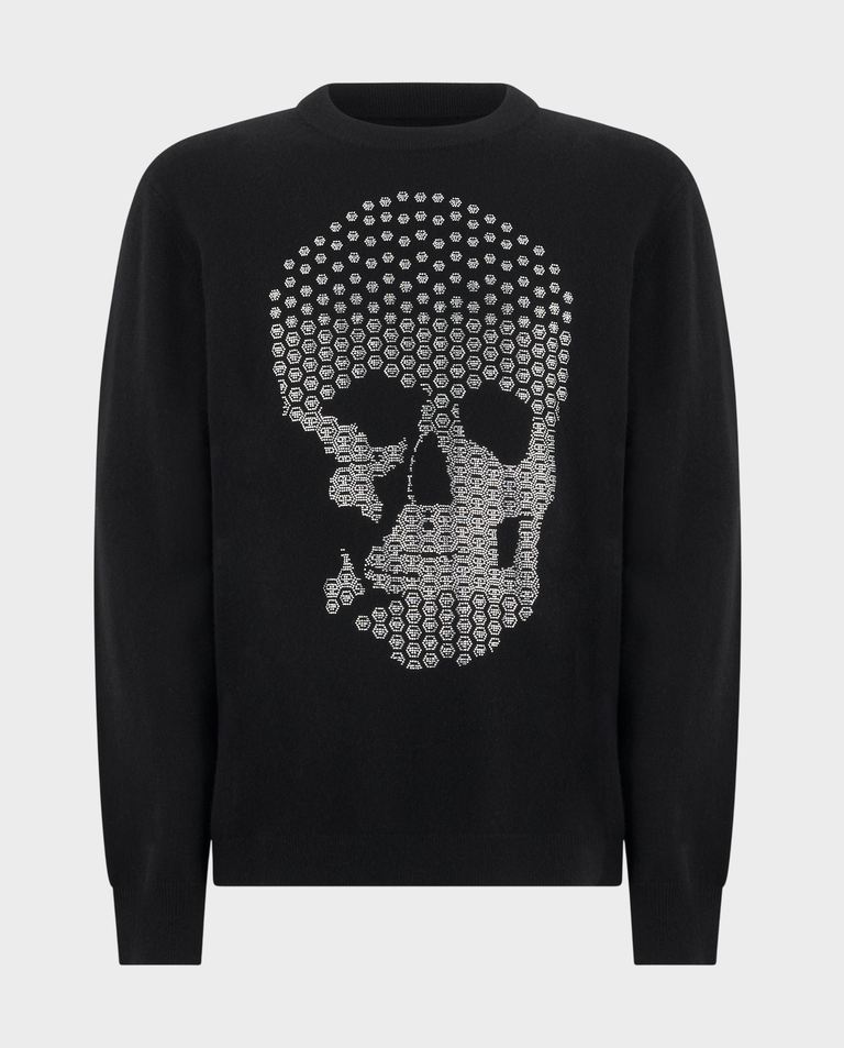 Kaszmirowy czarny sweter Skull Strass