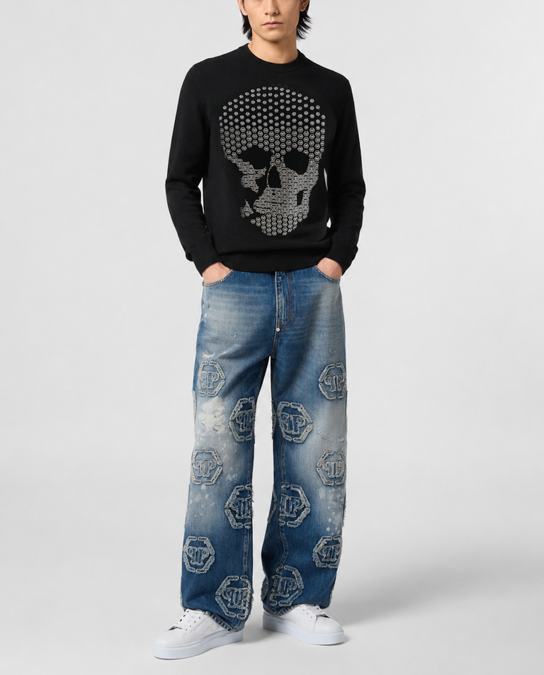 Kaszmirowy czarny sweter Skull Strass - Image #3