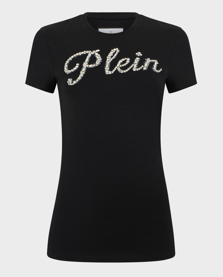 Czarny t-shirt z kryształowym napisem Pure Fit