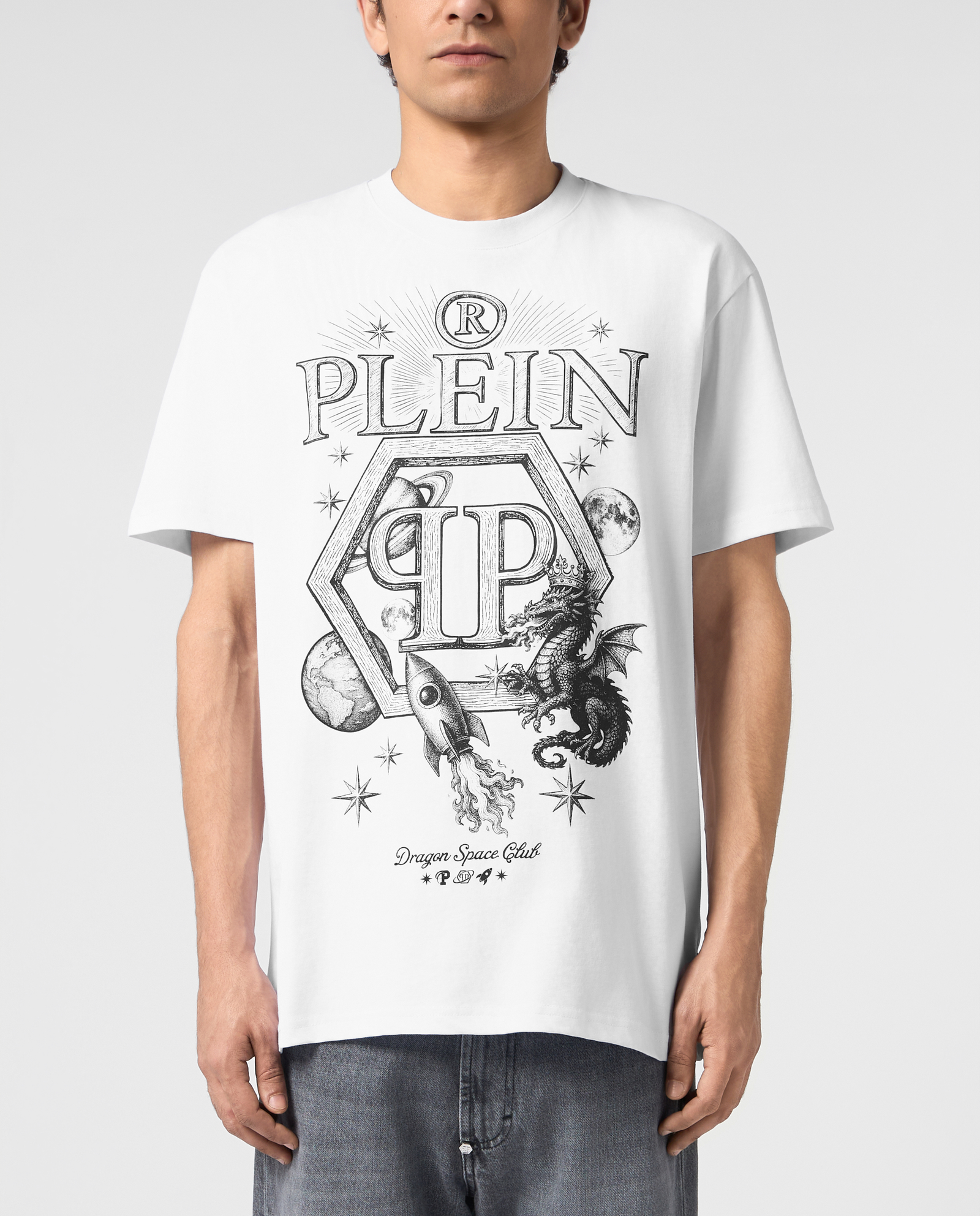 Biały t-shirt z nadrukiem Dragon Hexagon - Image #1