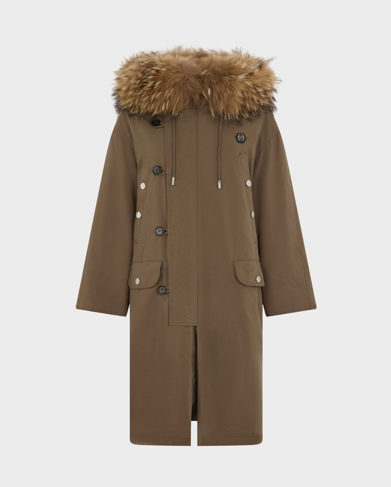 Parka z futrzanym kołnierzem Leopard Strass