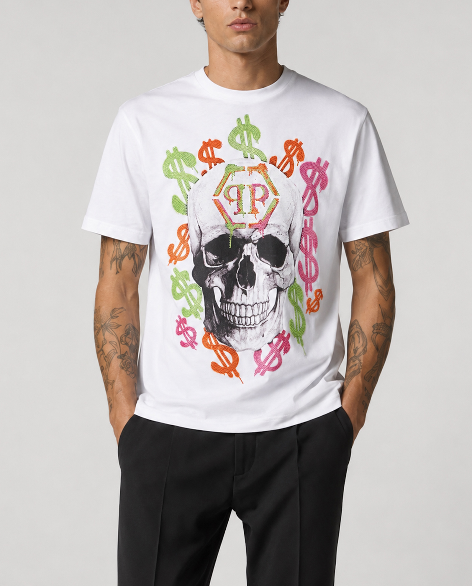 Biały t-shirt z motywem czaszki - Image #1