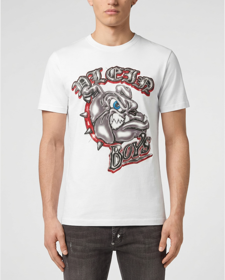 Biały t-shirt z motywem buldoga