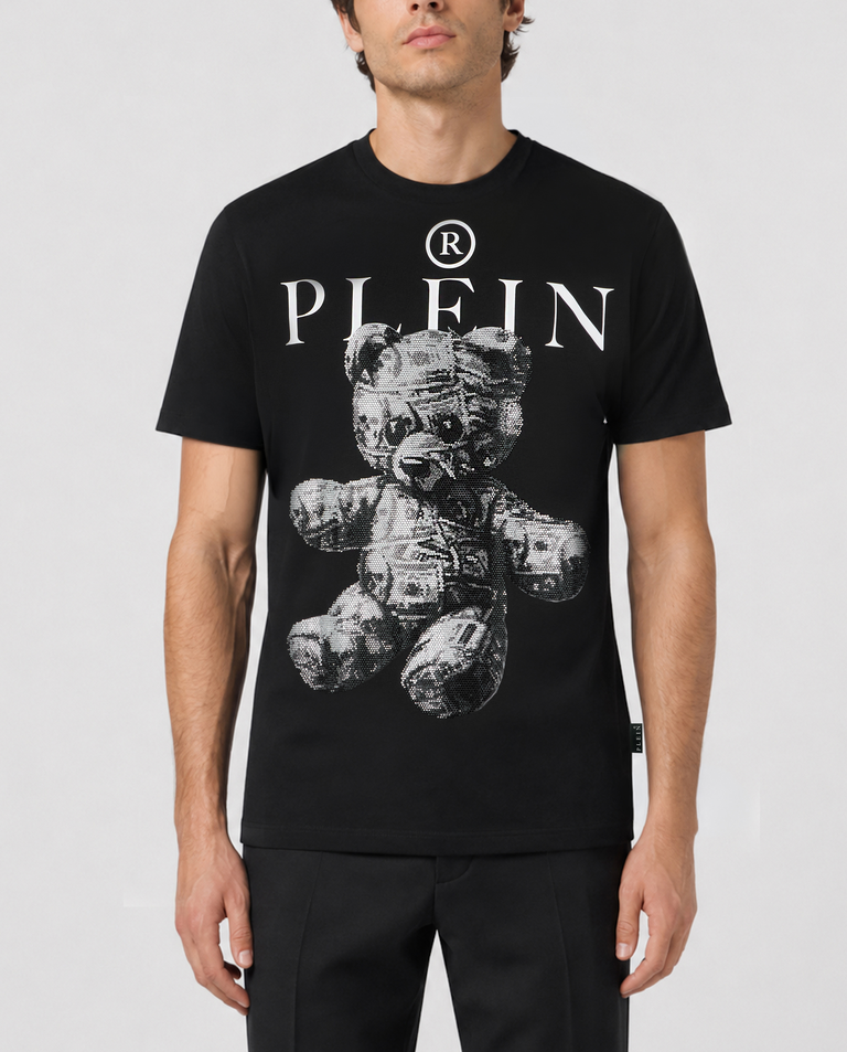 Czarny t-shirt z motywem misia
