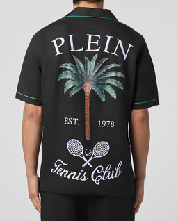 Czarna lniana koszula z printem Tennis - Image #1