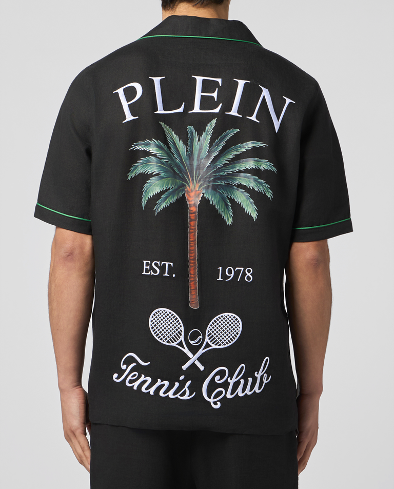 Czarna lniana koszula z printem Tennis