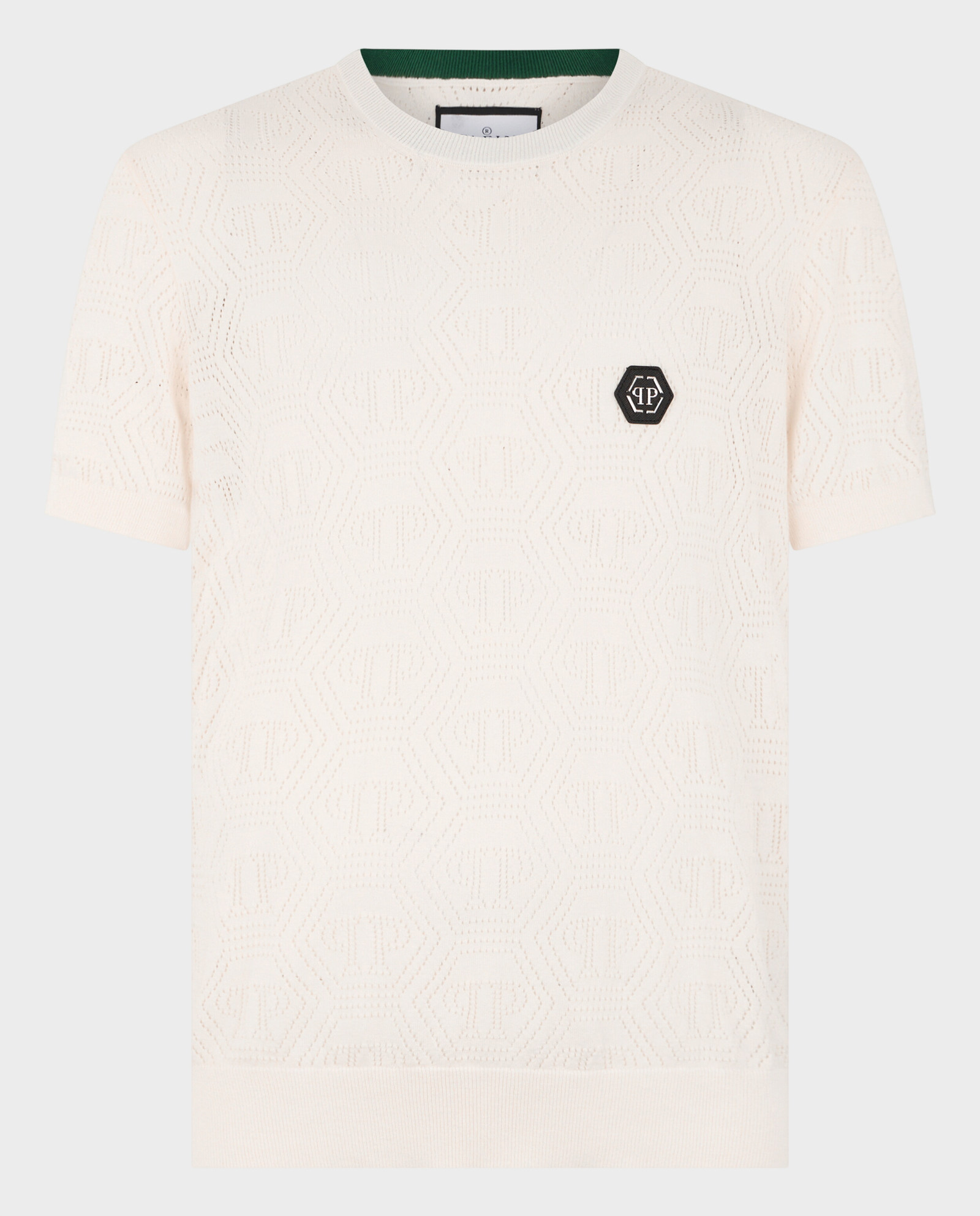 Kremowy t-shirt z ażurowym monogramem - Image #0