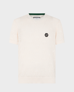 Kremowy t-shirt z ażurowym monogramem - Image #0