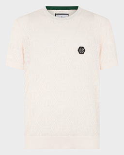 Kremowy t-shirt z ażurowym monogramem - Image #0
