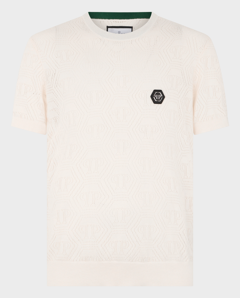 Kremowy t-shirt z ażurowym monogramem