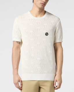 Kremowy t-shirt z ażurowym monogramem - Image #1