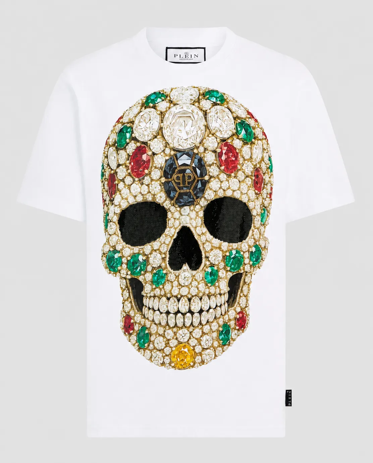 Biały t-shirt z kolorową czaszką