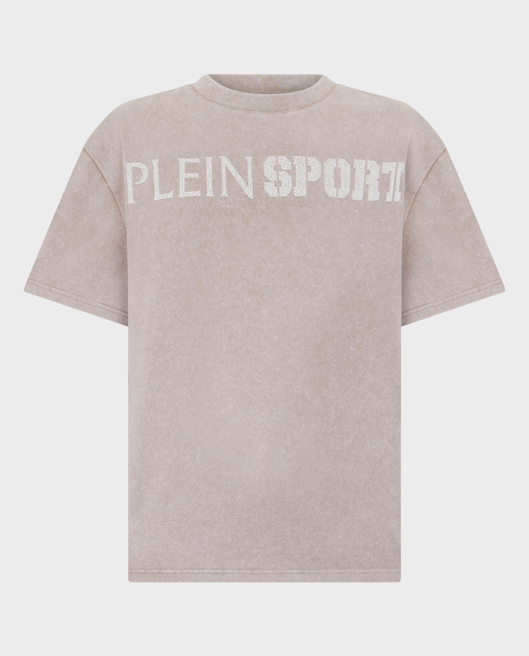 Beżowy t-shirt z efektem sprania
