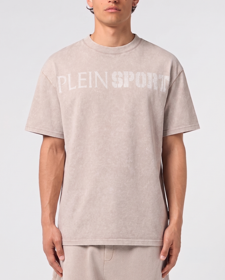 Beżowy t-shirt z efektem sprania