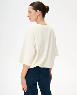 Kremowy t-shirt oversize z bawełny Weston - Image #2