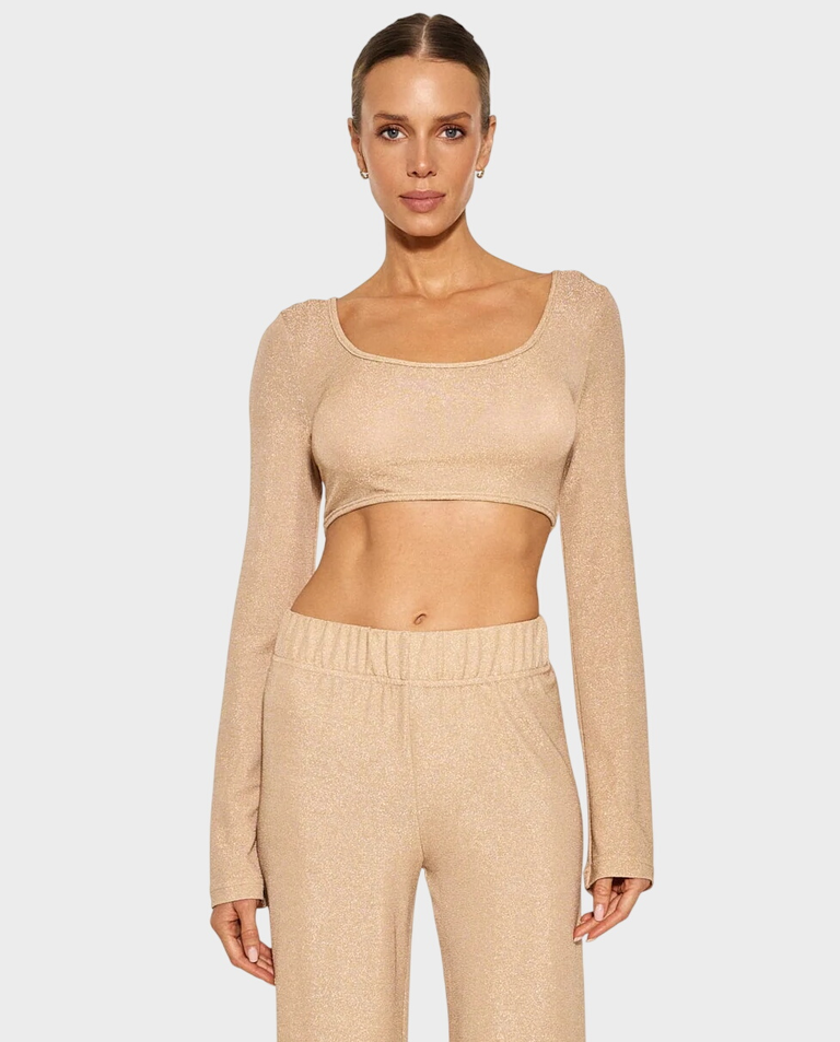 Błyszczący crop top z długim rękawem Champagne