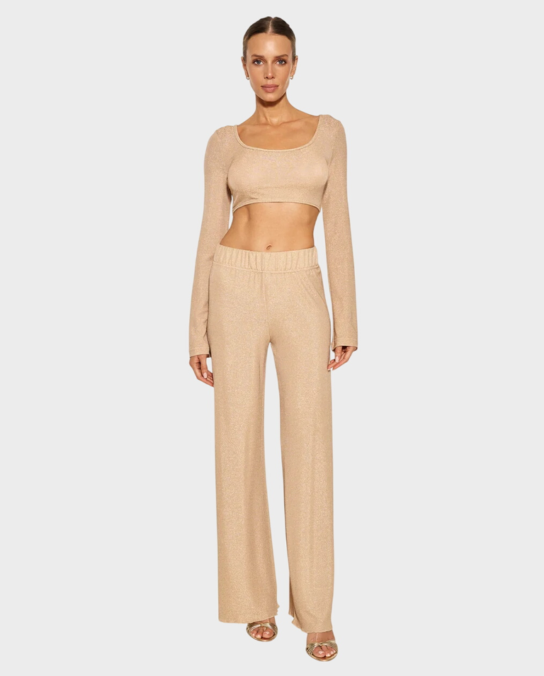 Błyszczący crop top z długim rękawem Champagne