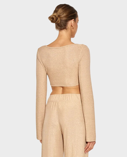 Błyszczący crop top z długim rękawem Champagne - Image #2