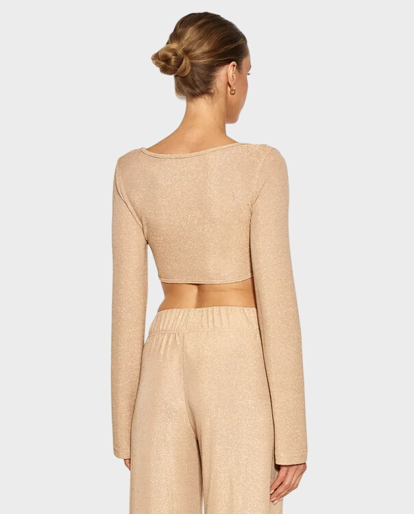 Błyszczący crop top z pozłacaną muszlą Champagne
