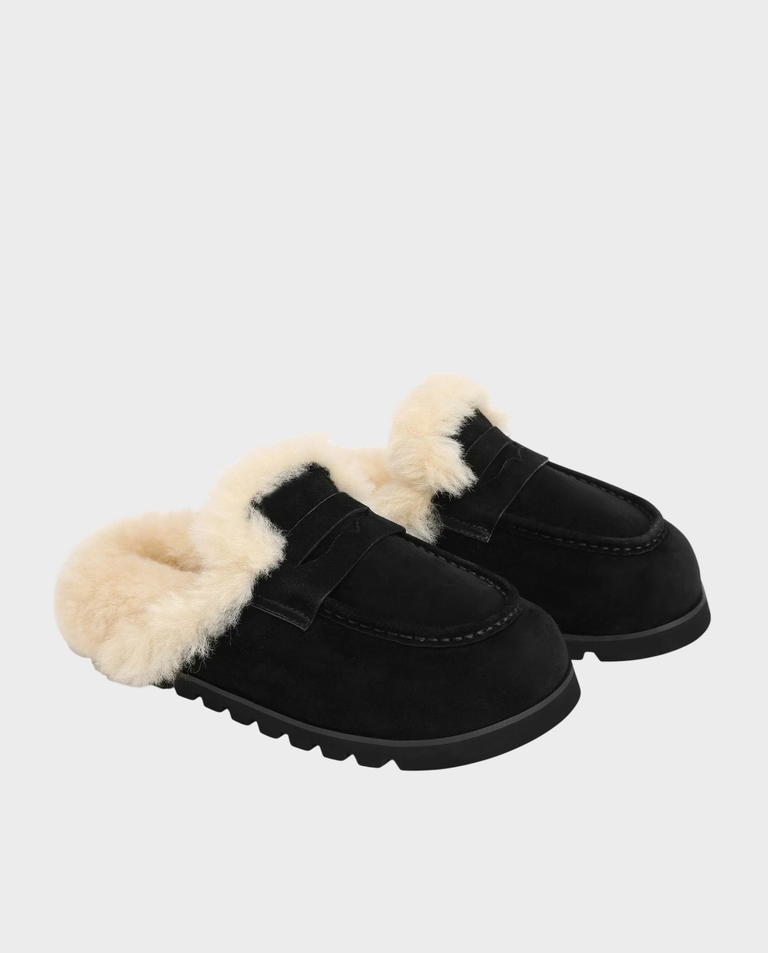 Zamszowe mule z futerkiem Corded Black
