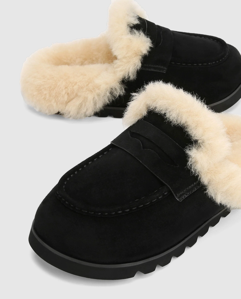 Zamszowe mule z futerkiem Corded Black - Image #2