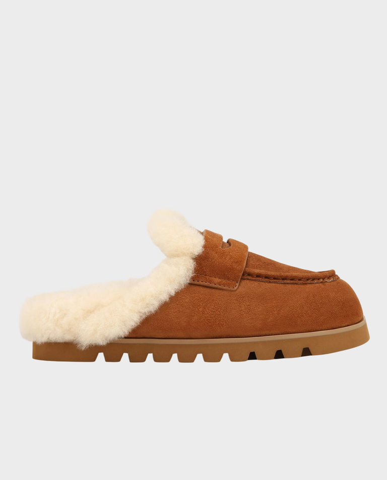 Zamszowe mule z futerkiem Cognac Camel