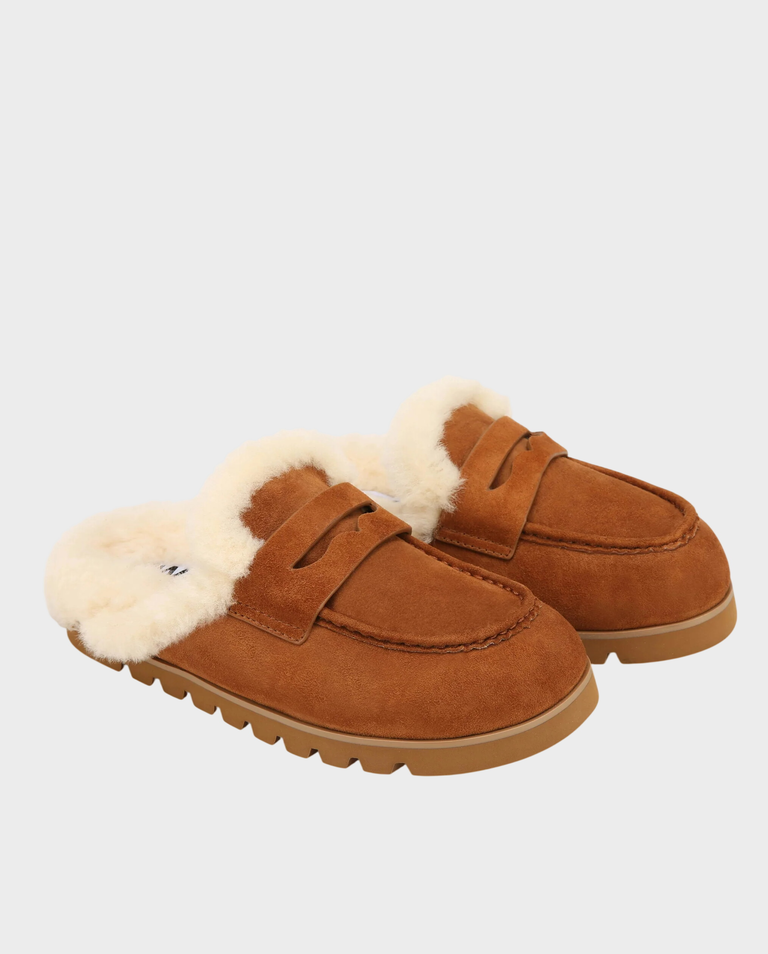 Zamszowe mule z futerkiem Cognac Camel